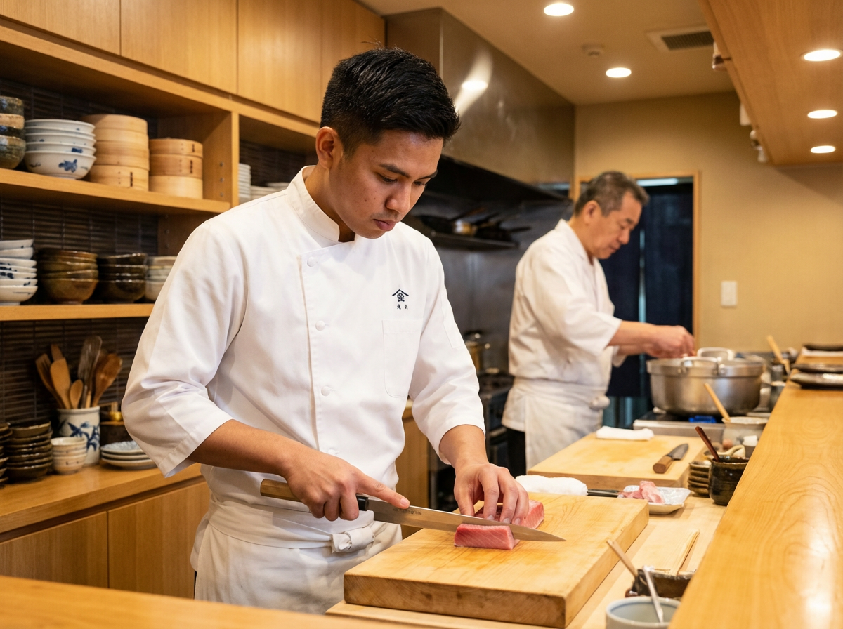 日本の厨房で働く外国人調理スタッフ